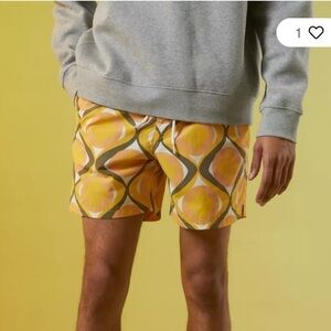 Urban Outfitters '70s Geo Yellow Retro Lined Swim Trunks Shorts